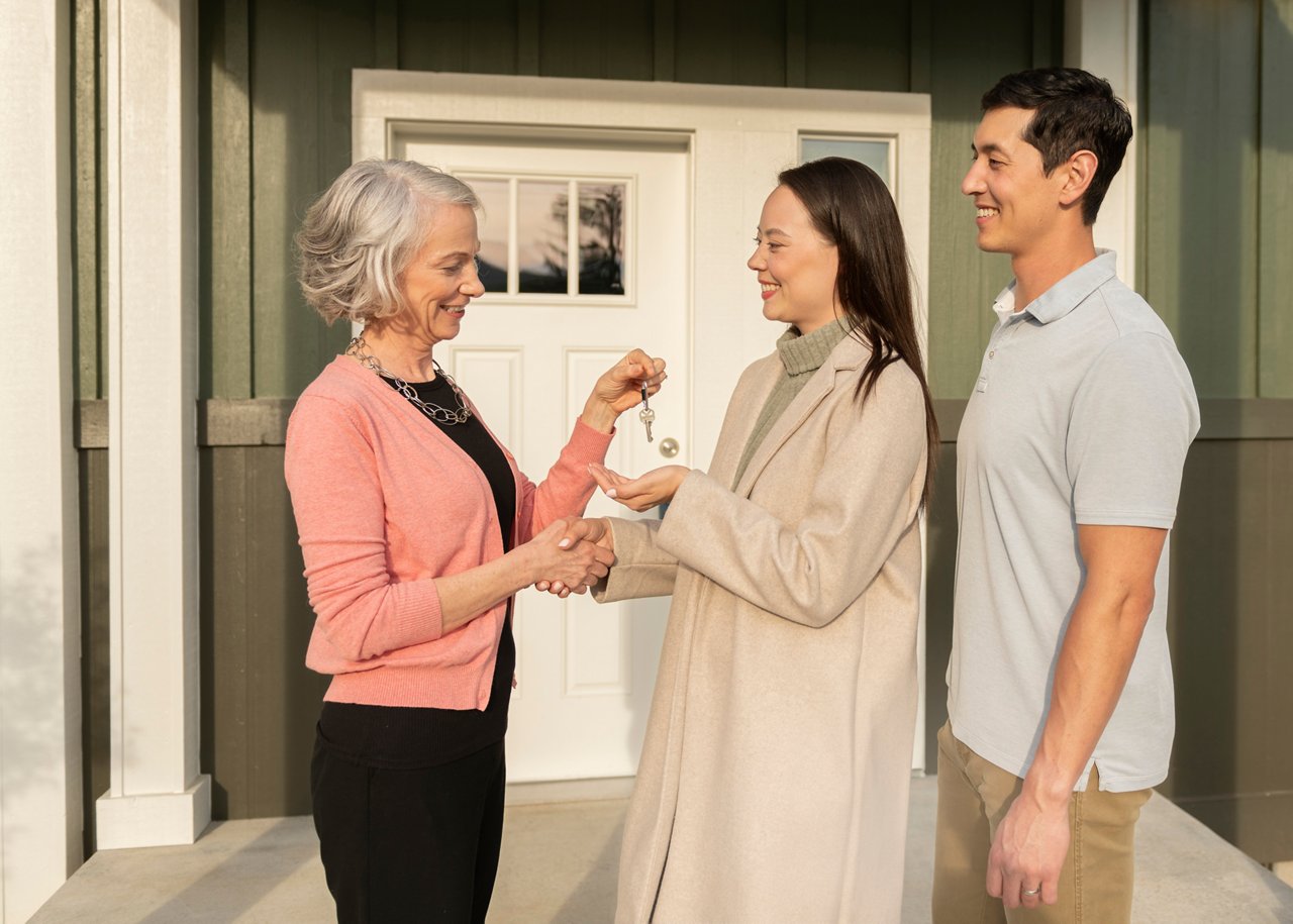 Realtor presents keys to a couple moving into their Skyline home.