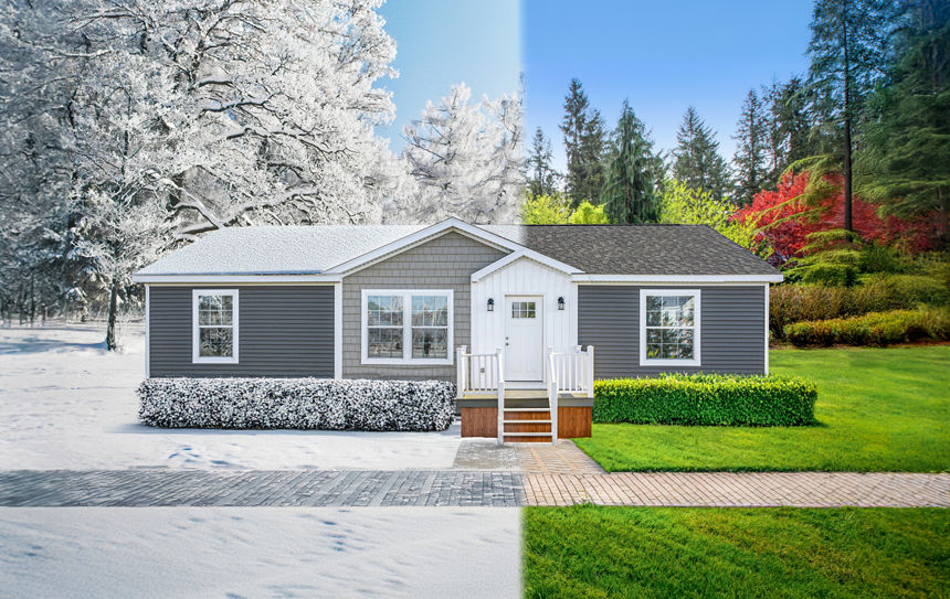 Amazing farm house backyard with green lawn, fir trees, bushes