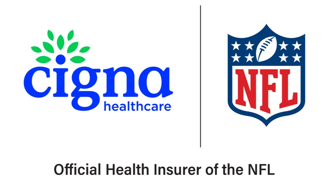A promotional graphic showcasing the partnership between Cigna Healthcare and the NFL. The image features the Cigna logo with green leaf accents and the NFL shield logo with a football icon. Below, the text reads 'Official Health Insurer of the NFL,' emphasizing the collaboration. The design is clean and professional, with a white background.