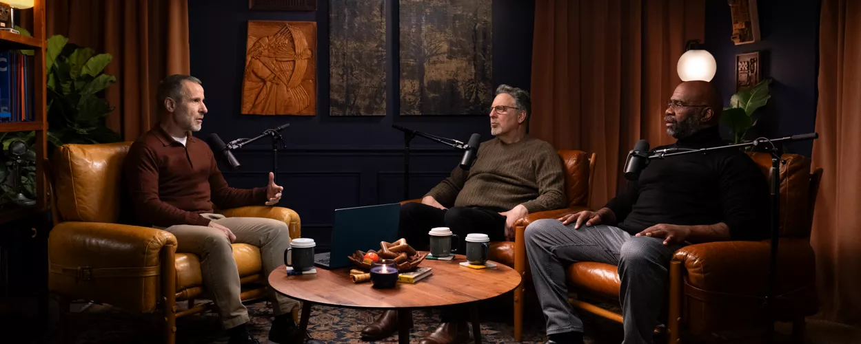 Dr. Guy Winch on the set of The Visibility Gap season 3 with Drs Addis and Jasper