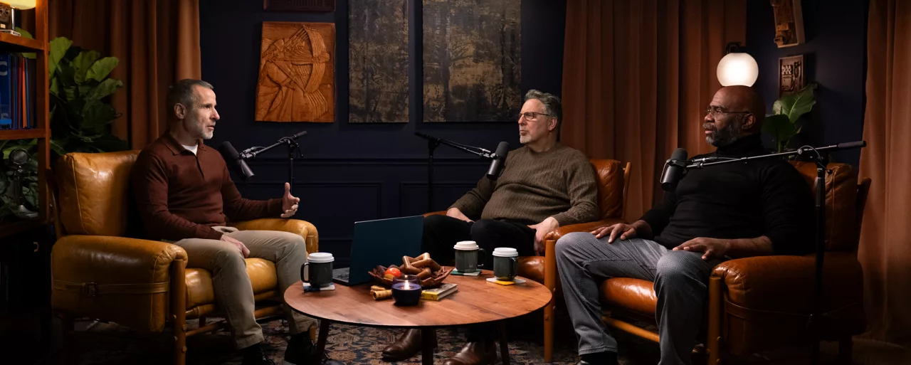 Dr. Guy Winch on the set of The Visibility Gap season 3 with Drs Addis and Jasper
