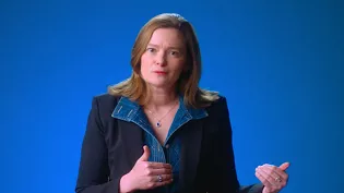 Eva Borden against a blue background with a partially transparent play button over top of the image, indicating a video.