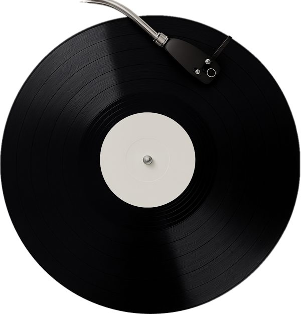 A close-up view of a black vinyl record with a blank white center label. The turntable arm is positioned on the edge, suggesting playback. The image features a minimalist design with sharp contrasts between black and white tones.