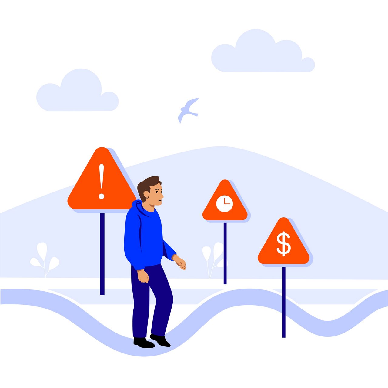 person on a path with warning signs
