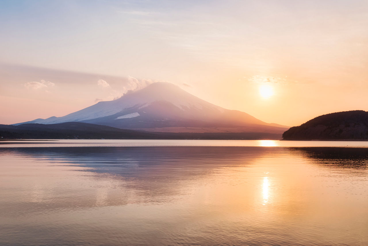 Lake Yamanaka, Yamanakako Village, Yamanashi Prefecture, Japan - March 19, 2017: Lake Yamanaka is one of the five lakes in the northern Fuji area. The lake is a popular tourist destination and considered as one of the best places to admire the beauty of Fuji.