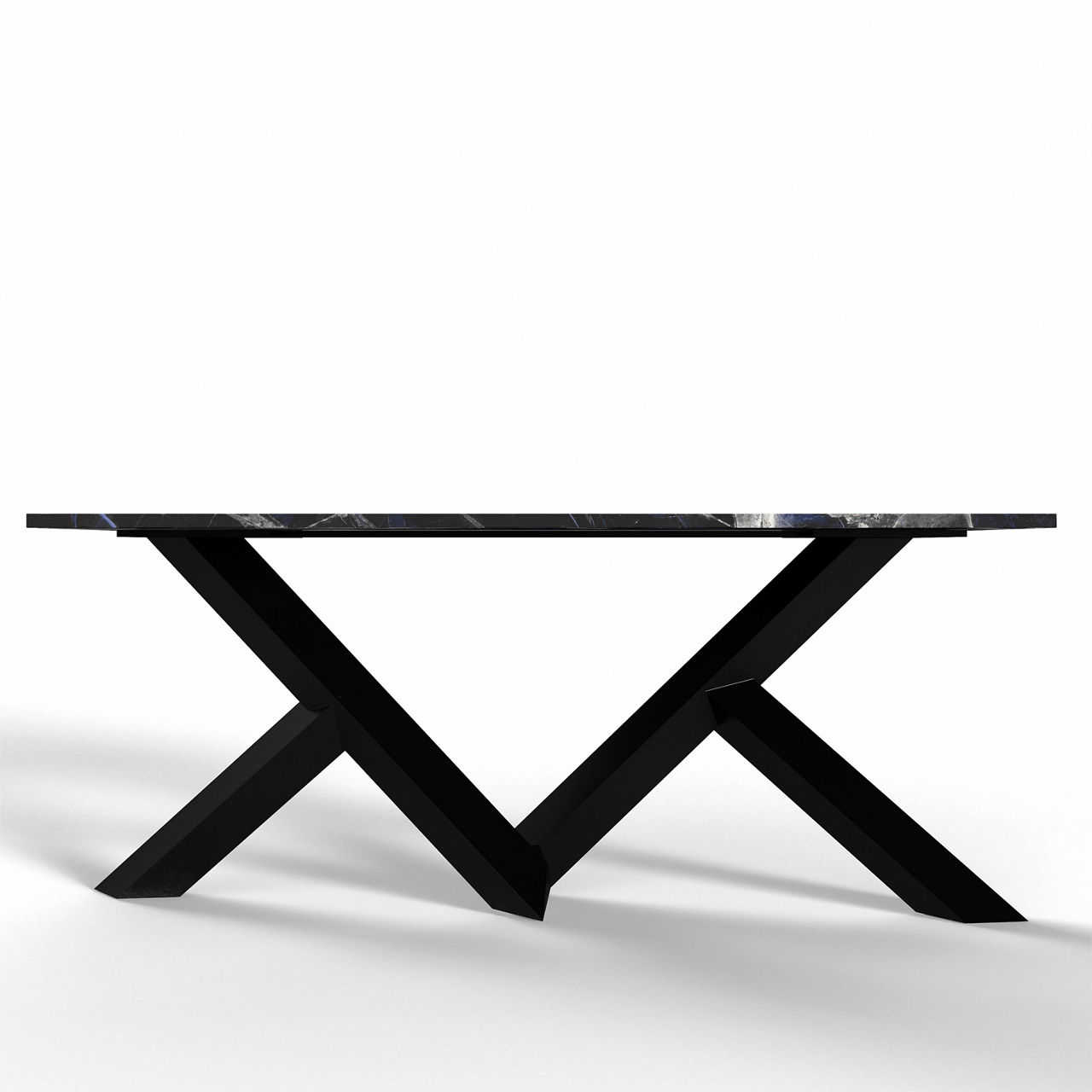 Sleek contemporary table featuring a thin marble top and bold black metal base. The geometric legs cross in an angular X-shape, creating a sculptural silhouette. The table is isolated on a white background with soft shadows emphasizing its clean line