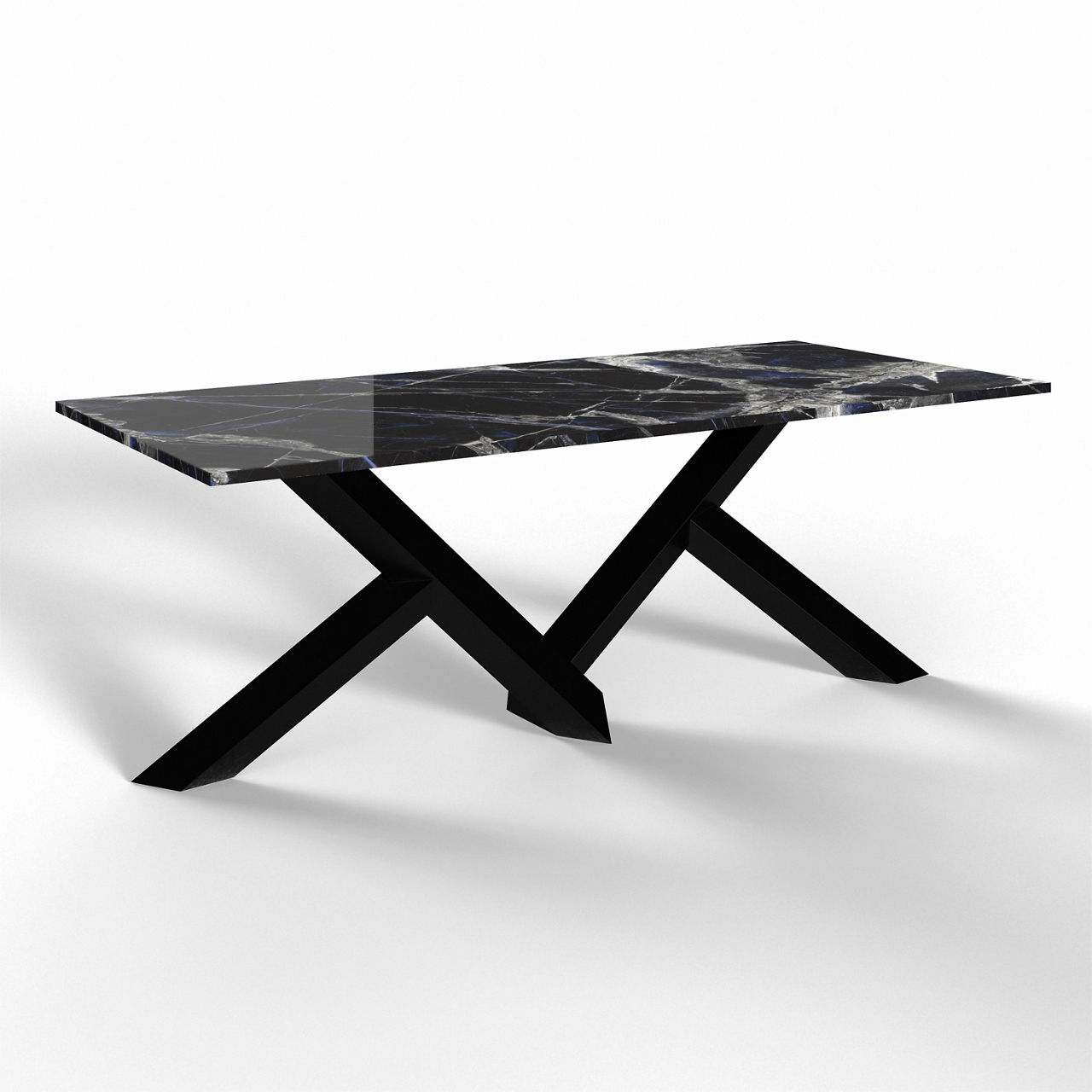 A sleek rectangular dining table with a glossy black marble top is shown against a plain white background. The tabletop features subtle white and gray veining that enhances its luxurious appearance. It is supported by an angular black metal base with