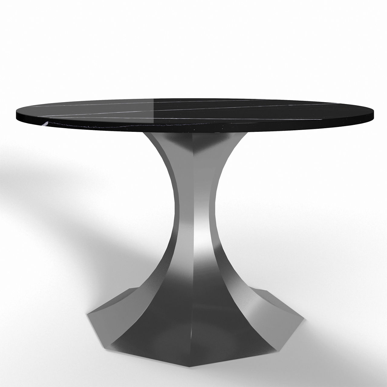 A sleek round glass table with a glossy dark tabletop is shown against a plain white background. The table features a sculptural, geometric pedestal base in a metallic finish. Soft shadows fall to the side, emphasizing the clean, minimalist design. T