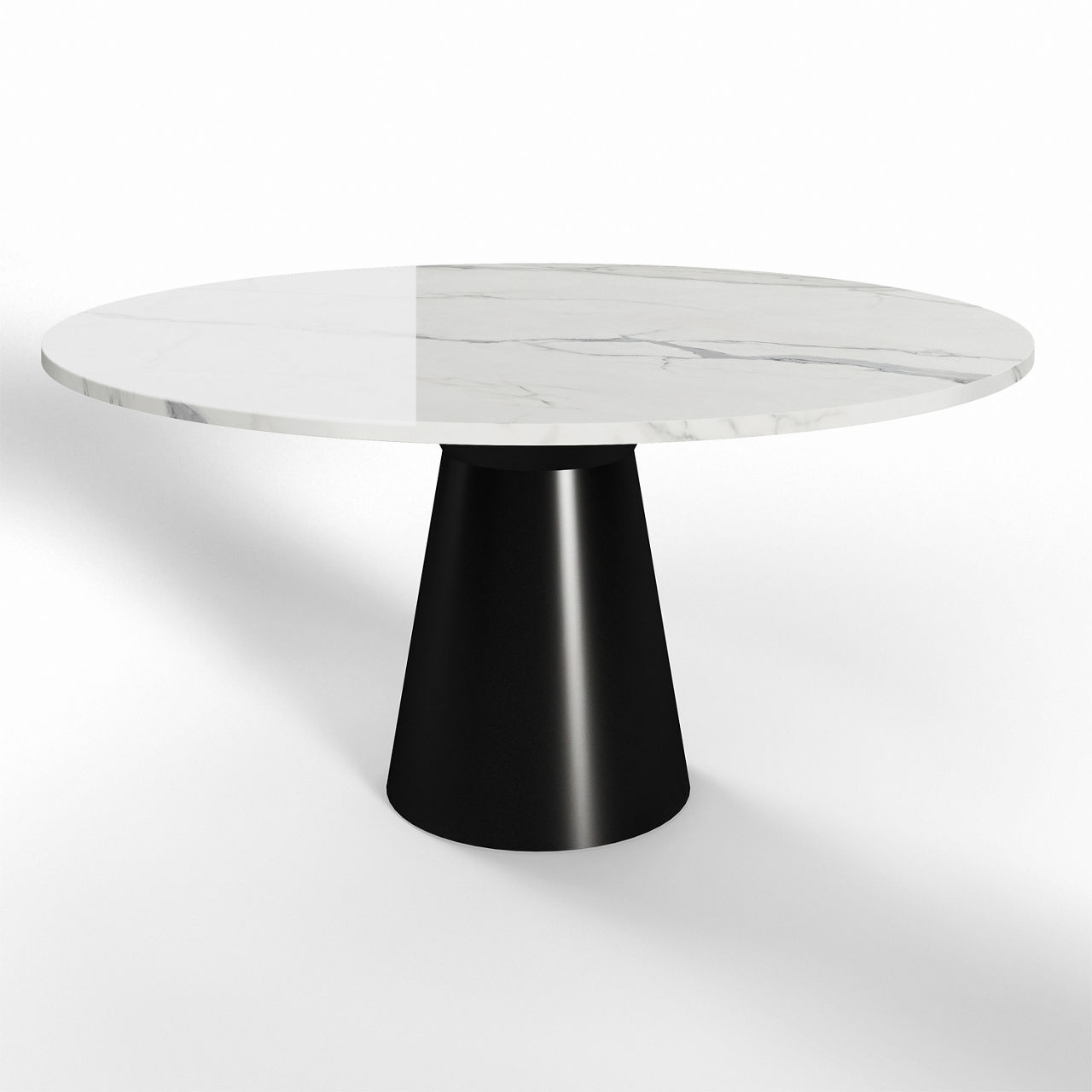 A contemporary round table features a smooth white marble top with subtle gray veining. The tabletop rests on a solid, tapered black pedestal base that creates a bold contrast. The piece is photographed against a clean white background, emphasizing i