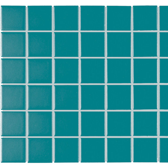 Image of a rectangular grid of small teal square tiles. The tiles are evenly spaced with thin white grout lines creating a uniform mosaic pattern. The overall look is clean and modern, suitable for bathrooms, kitchens, or pools. The strong teal color