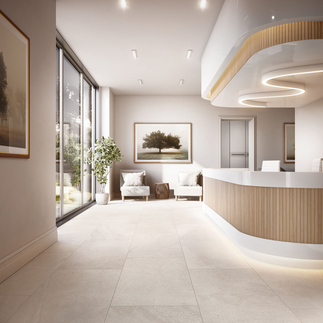 A bright, modern reception area features a sleek curved front desk with white and light wood finishes. Large floor-to-ceiling windows on the left bring in natural light and reveal greenery outside. Comfortable armchairs, framed landscape artwork, and