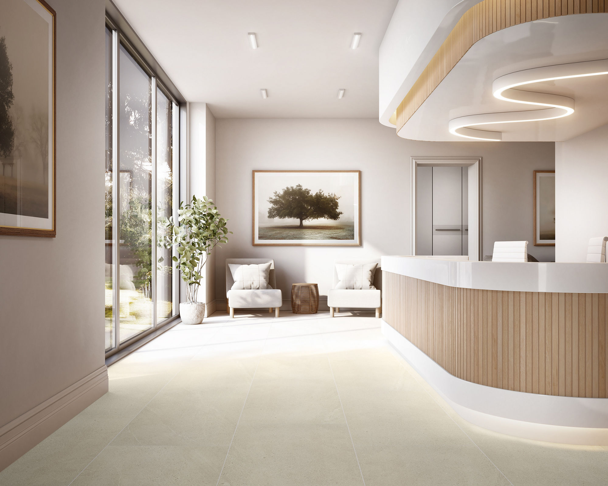 A contemporary reception area features a sleek curved front desk with wood paneling and white accents. Large floor-to-ceiling windows on the left bring in natural light and reveal greenery outside. Minimalist furniture, framed landscape artwork, and 