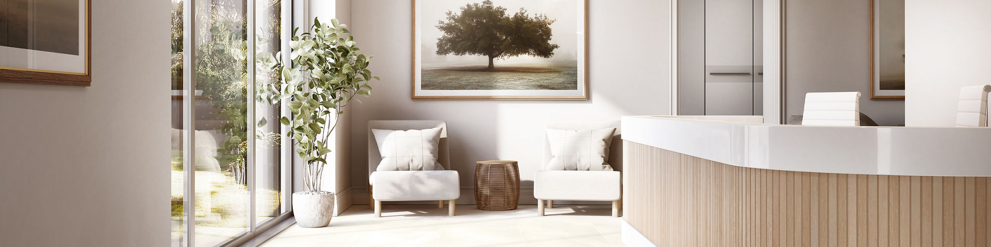 A contemporary reception area features a sleek curved front desk with light wood paneling and white surfaces. Large floor-to-ceiling windows on the left bring in natural light and reveal greenery outside. Minimalist furniture, including armchairs and