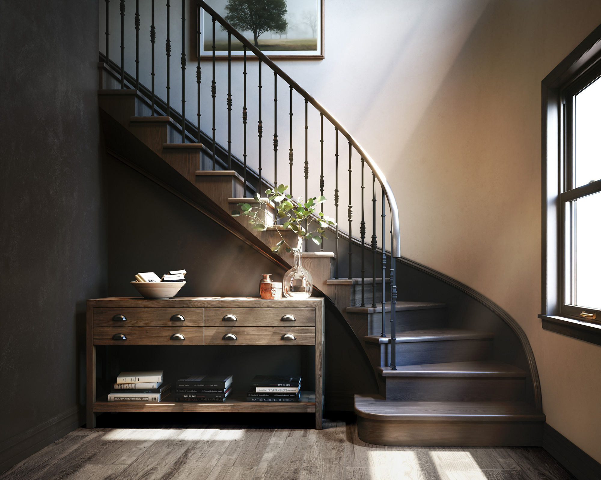 A modern foyer features a curved wooden staircase with dark metal balusters beside a large sunlit window. A wooden console table with drawers and lower shelf stands against the wall, holding books, decorative bowls, and a glass vase with greenery. Th