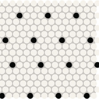 Abstract pattern featuring a grid of small light grey circles on a white background. Several scattered black circles interrupt the uniform grid, creating a playful polka dot effect. The design has a clean, minimalist aesthetic suitable for modern dec
