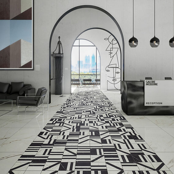 Entry way with marble look encaustic tile path in middle, surrounded with white marble look tile, and black accents.