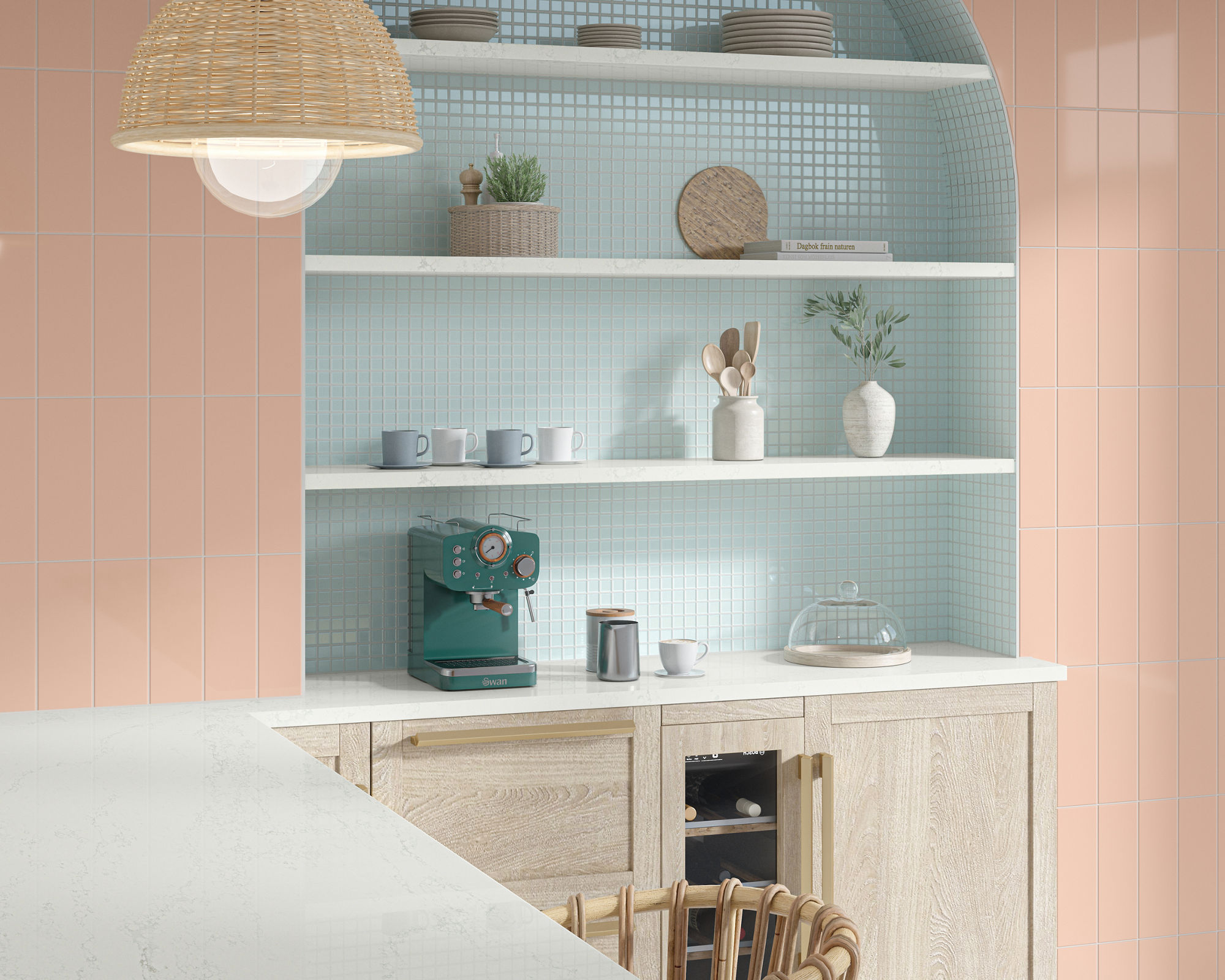Kitchen with arch coffee station, blue mosaic square on back wall of arch, pink subway tile on outside wall of arch, light wood cabinets, and white countertop.