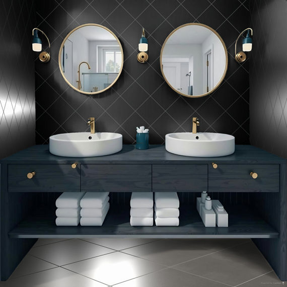 Bathroom with gray square floor tile, black square tile on wall, and double sinks with round mirrors above them.