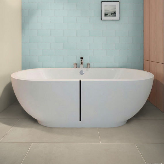 Bathtub with gray rectangle floor tile, light blue rectangle tile on back wall, and silver accents.