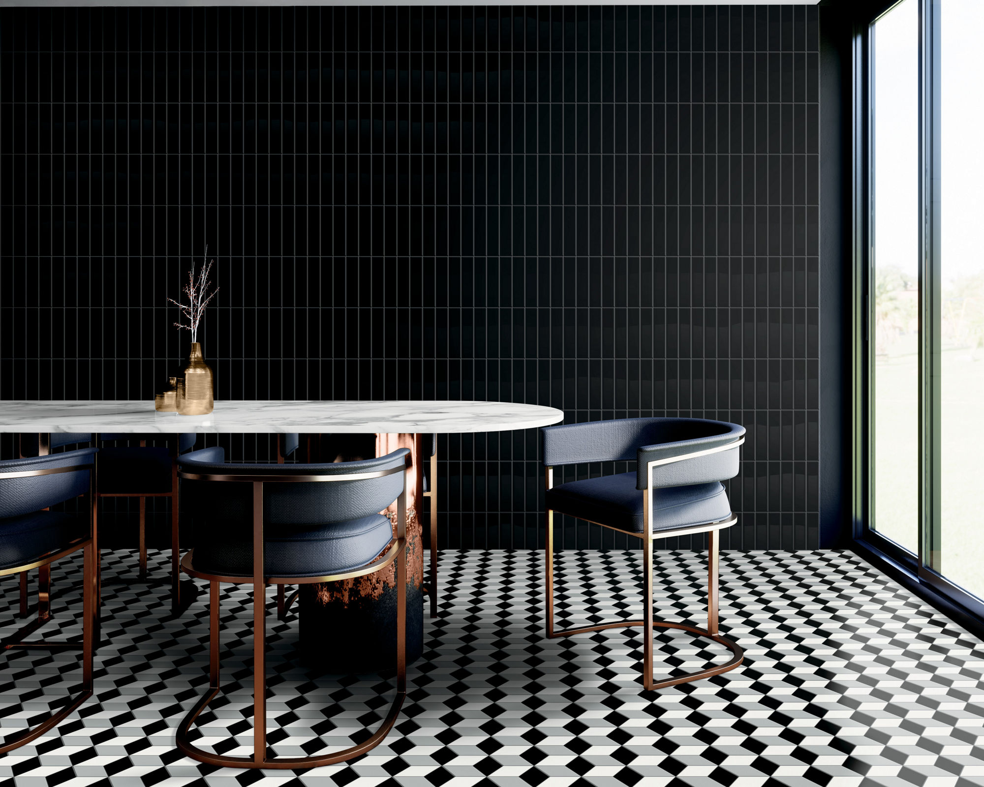 A contemporary dining area features a sleek oval table surrounded by modern blue chairs with metal frames. The room has a dramatic black tiled accent wall and a geometric black-and-white patterned floor. Natural light floods in through large floor-to