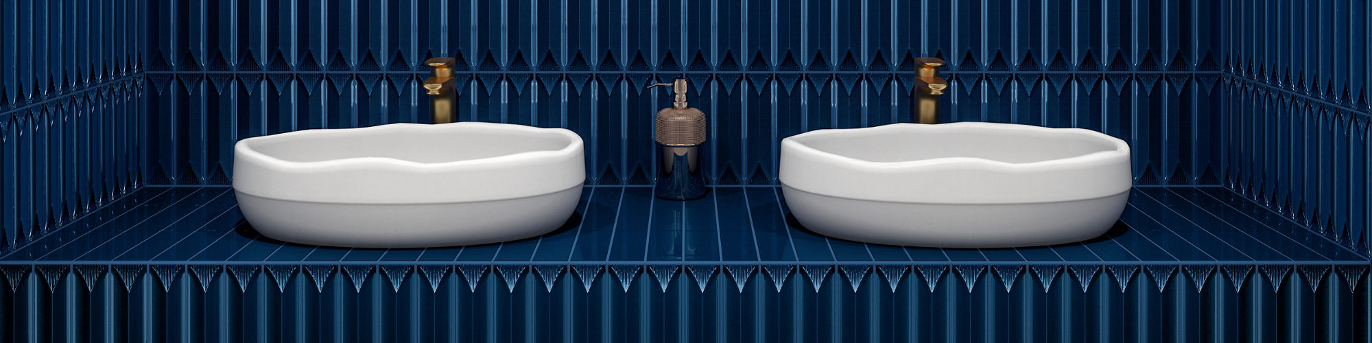 Bathroom with double sinks, oval mirrors above sinks, white square floor tile, and blue rectangle with 3d wave pattern on walls and on sink countertop and counter.
