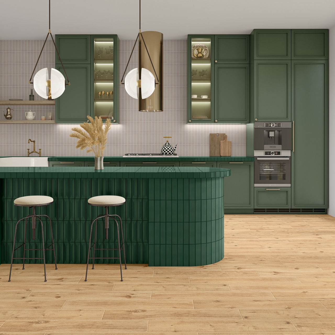 Kitchen with gray subway tile on backsplash, green subway tile on center island, green cabinets, and wood floor.