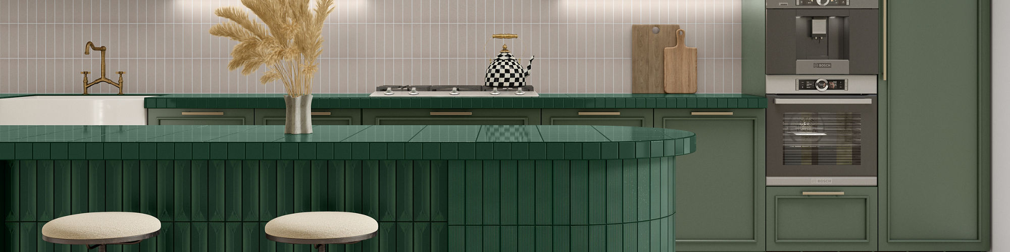 Kitchen with gray subway tile on backsplash, green subway tile on center island, green cabinets, and wood floor.