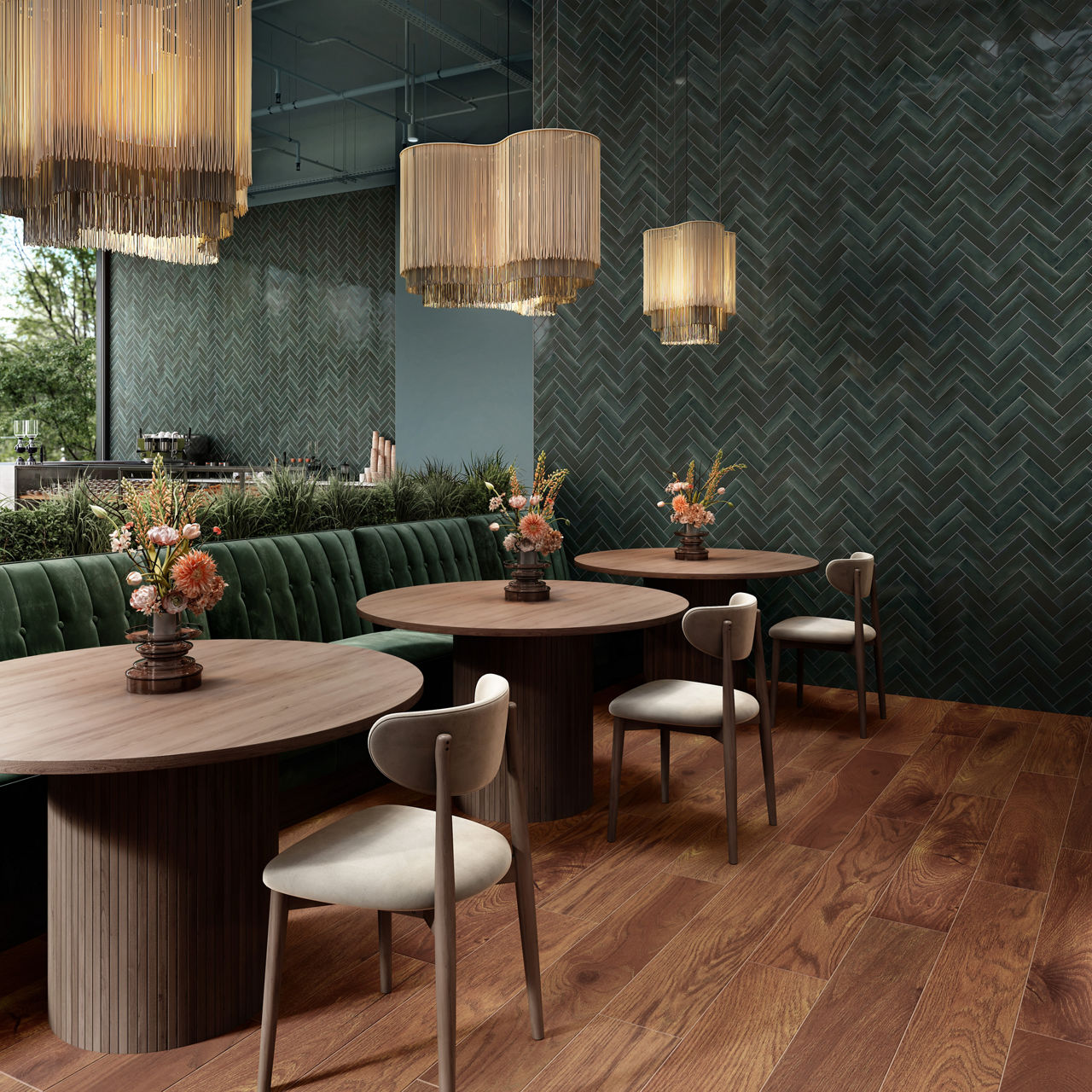 Restaurant with blue rectangle subway tile on walls in herringbone pattern, wood look floor tile, round wooden tables, green booths, and white chairs.
