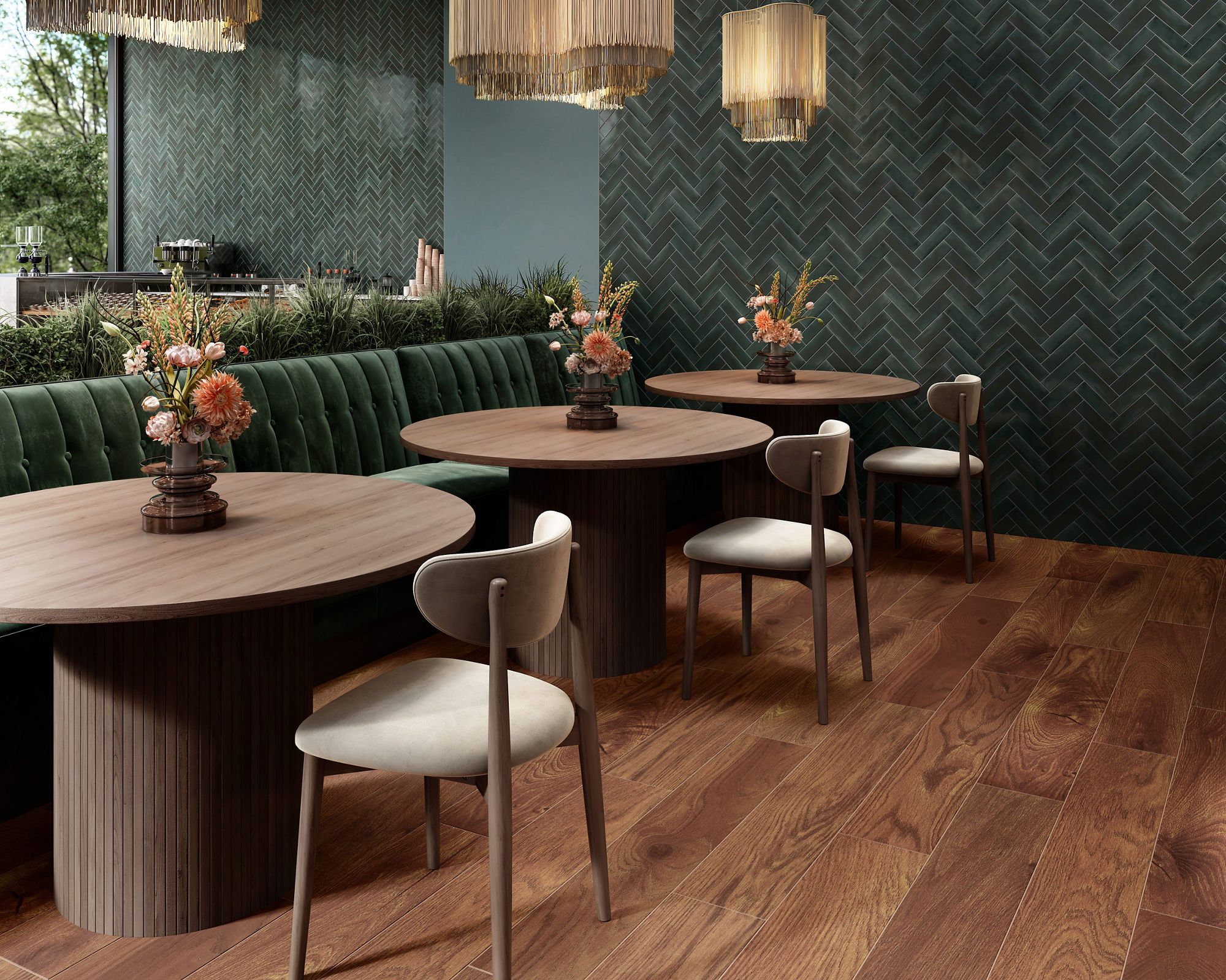 Restaurant with blue rectangle subway tile on walls in herringbone pattern, wood look floor tile, round wooden tables, green booths, and white chairs.