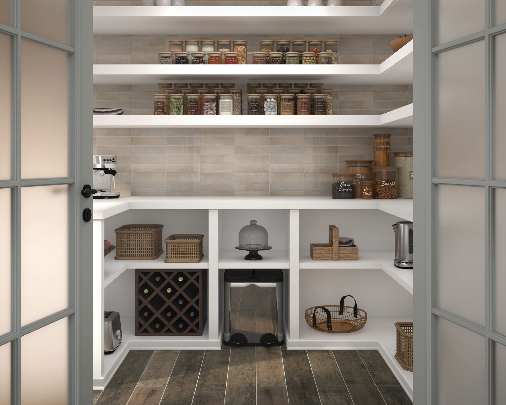 A neatly organized pantry is viewed through double doors, featuring white shelving filled with glass jars and containers. The shelves hold assorted dry goods, baskets, and kitchen accessories arranged in tidy rows. A small appliance sits on the left 