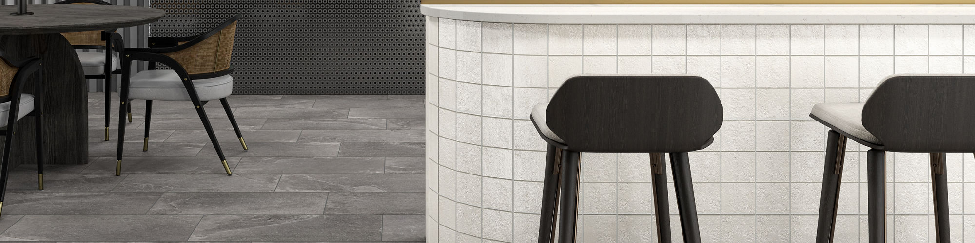 Stadium lounge with dark gray stone look rectangle floor tile, white bar, two black bar chairs, and a football field in the background.