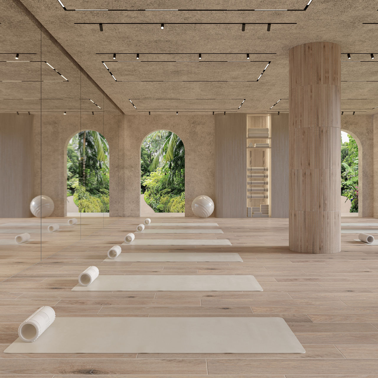 Yoga room with light wood floor tile, light wood planks on columns, white yoga mats on floor, and greenery in background.