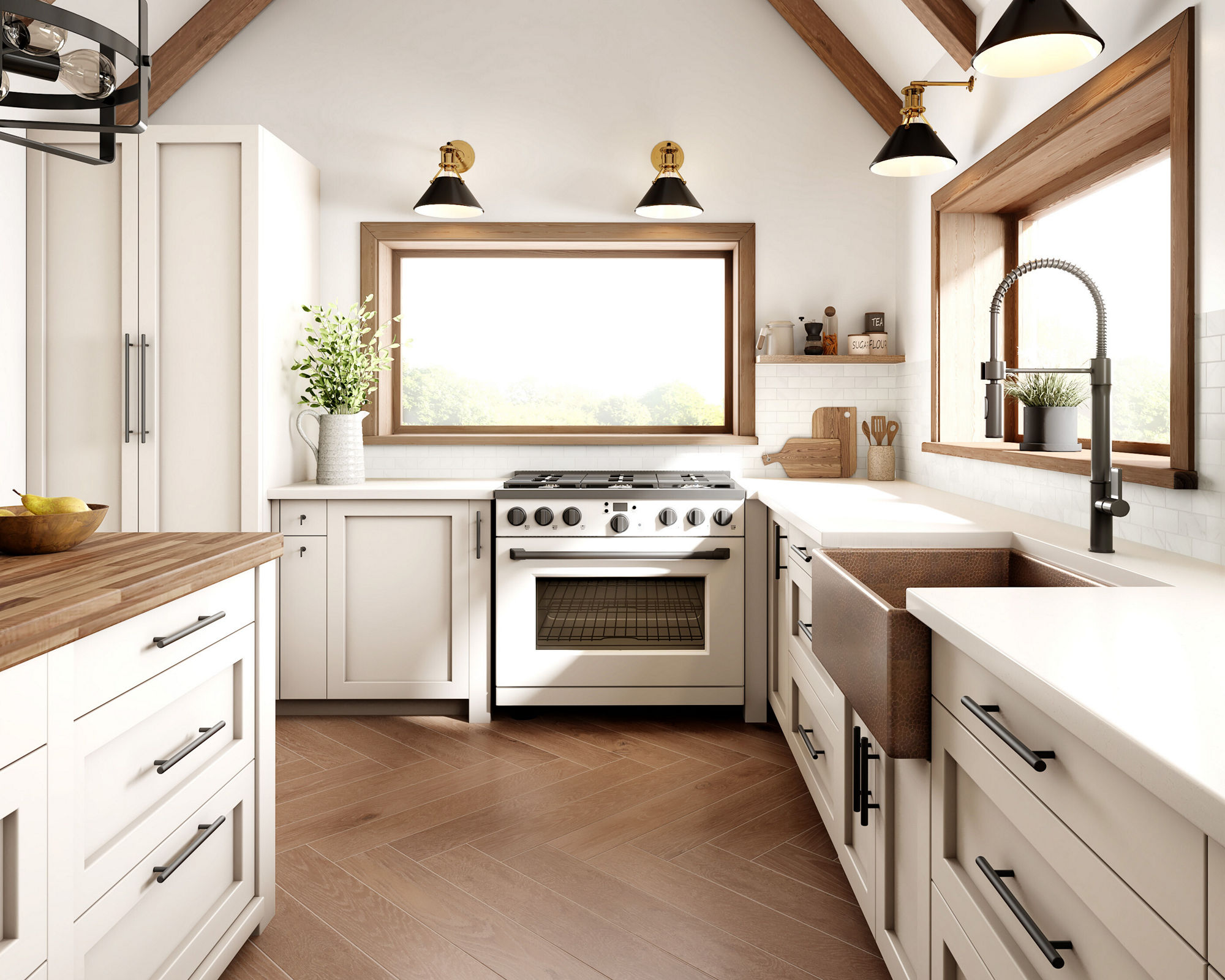 Kitchen with farmer sink, white cabinets, wooden accents, and wood floors.