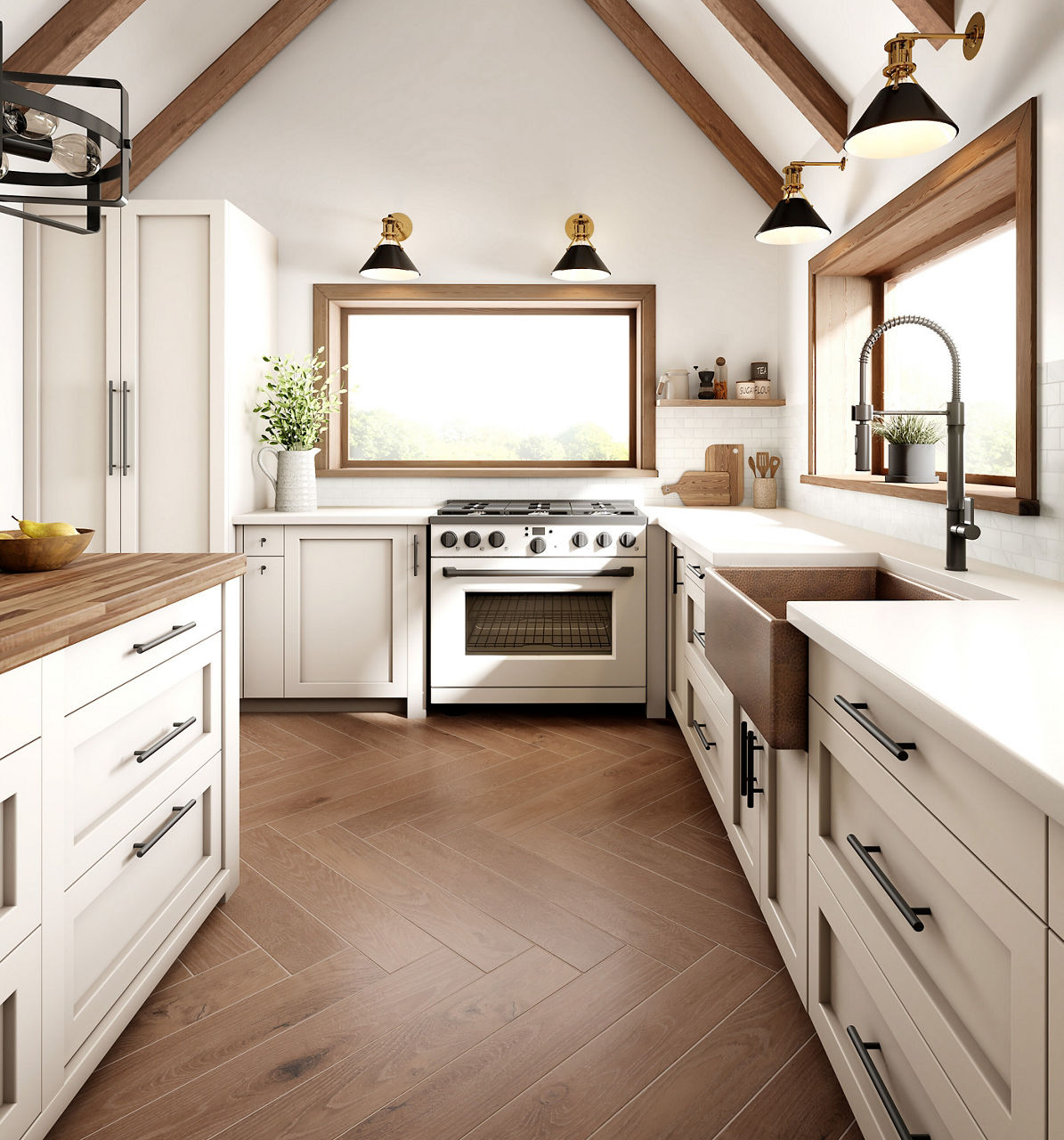 Kitchen with farmer sink, white cabinets, wooden accents, and wood floors.