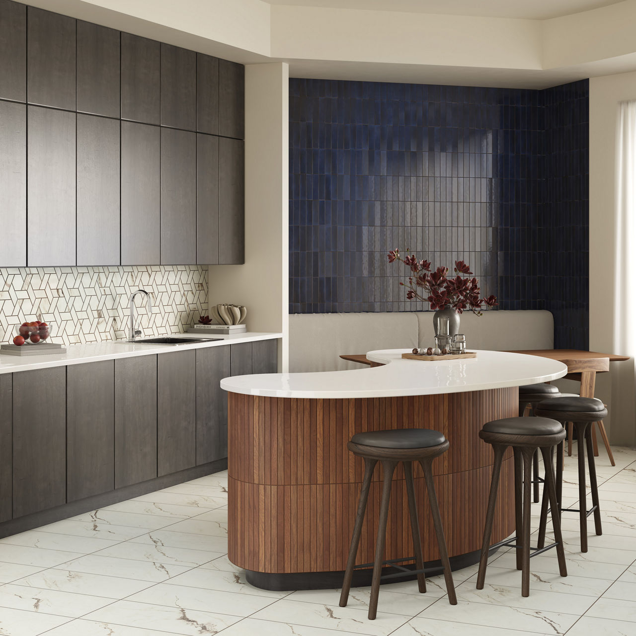Kitchen with white marble look rectangle floor tile, wood rectangle tile on island, white countertops, black cabinets, white pinwheel mosaic on backsplash, and blue rectangle tile in vertical pattern on back wall.