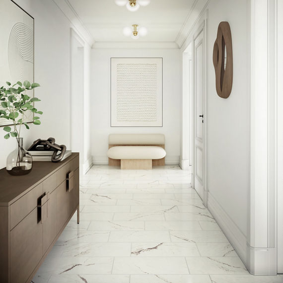 Entry way with white marble look rectangle floor tile, white walls, and wood accents.