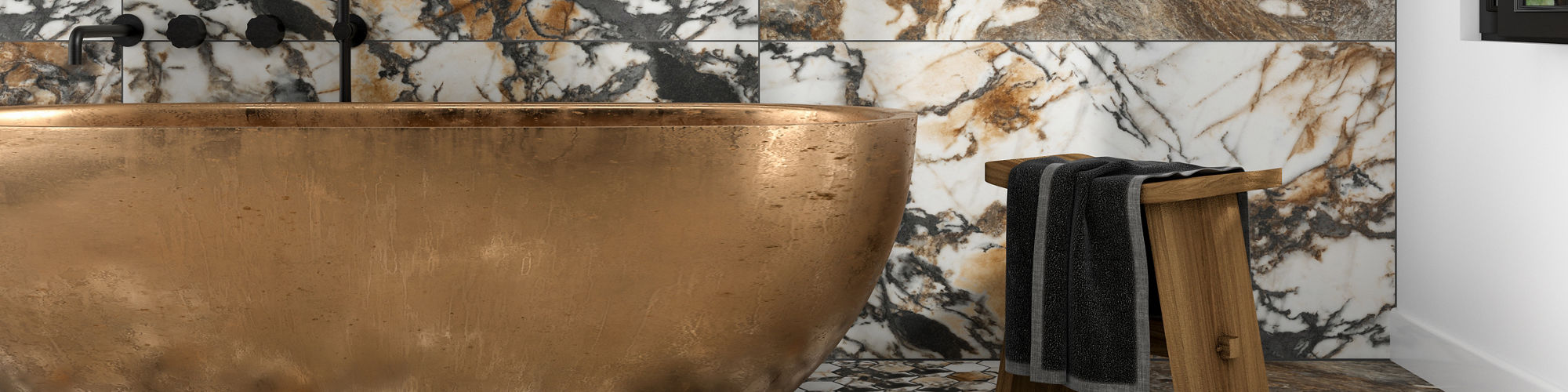 Close up of bathtub with marble look rectangle tile with brown and black veining on floor and bottom half of back wall, copper bathtub, floating wood shelf, and small wooden stool.