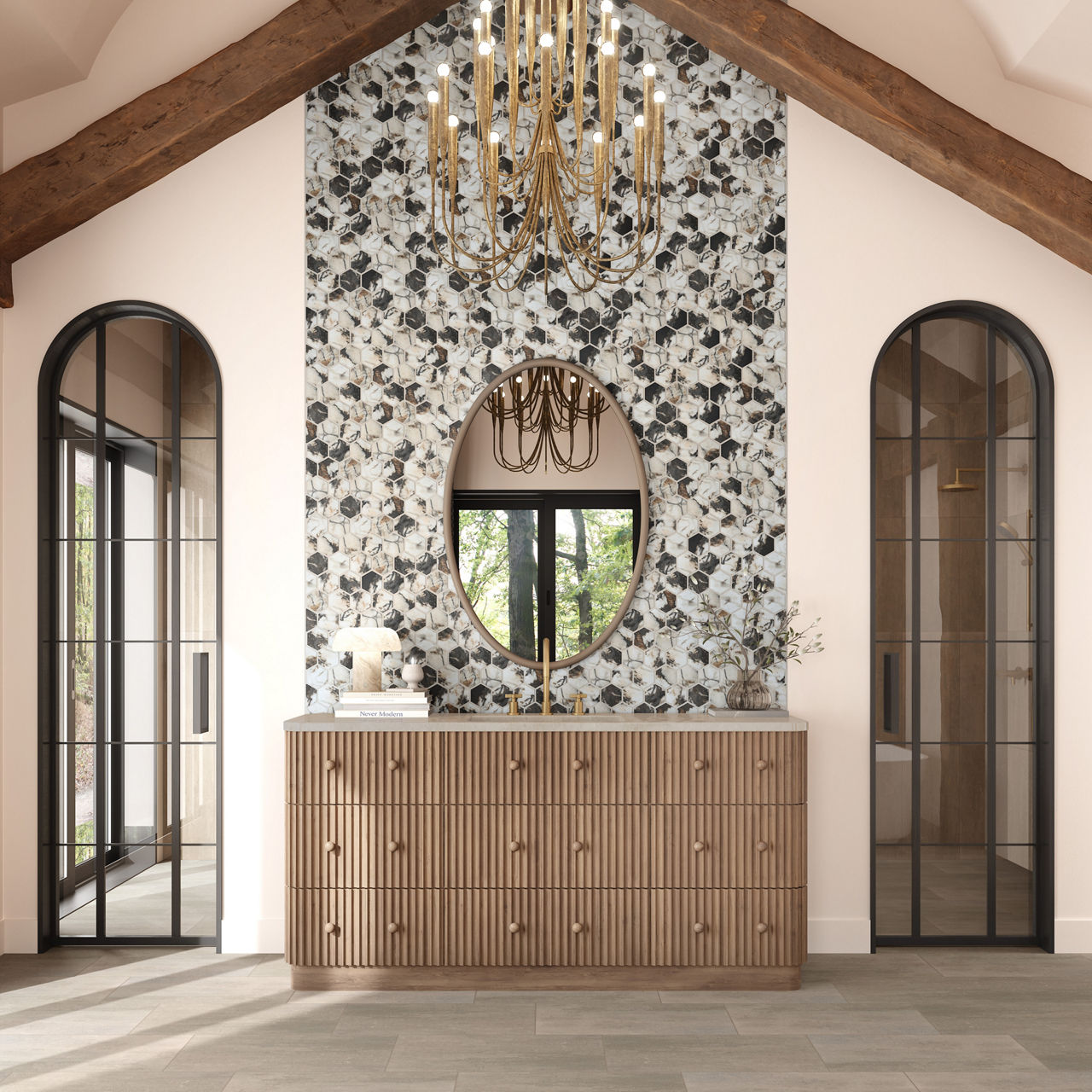 Bathroom with white and black marble look hexagon mosaic on middle section of the wall, beige walls, wood cabinets, and a white countertop.
