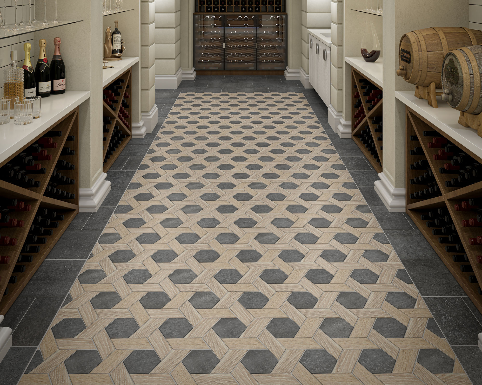 A luxurious wine cellar features geometric patterned tile flooring and arched architectural details. 