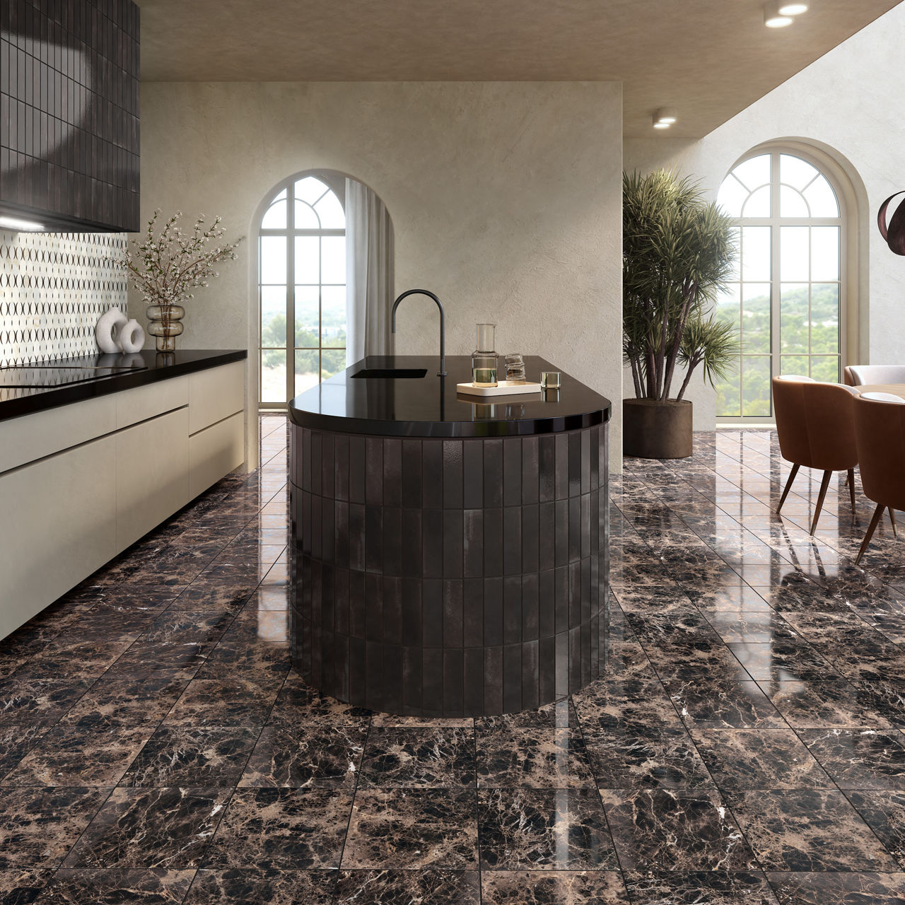 Kitchen with black marble look rectangle floor tile, black rectangle tile on island in vertical pattern, black countertops, beige walls, and arched windows showing outdoors.
