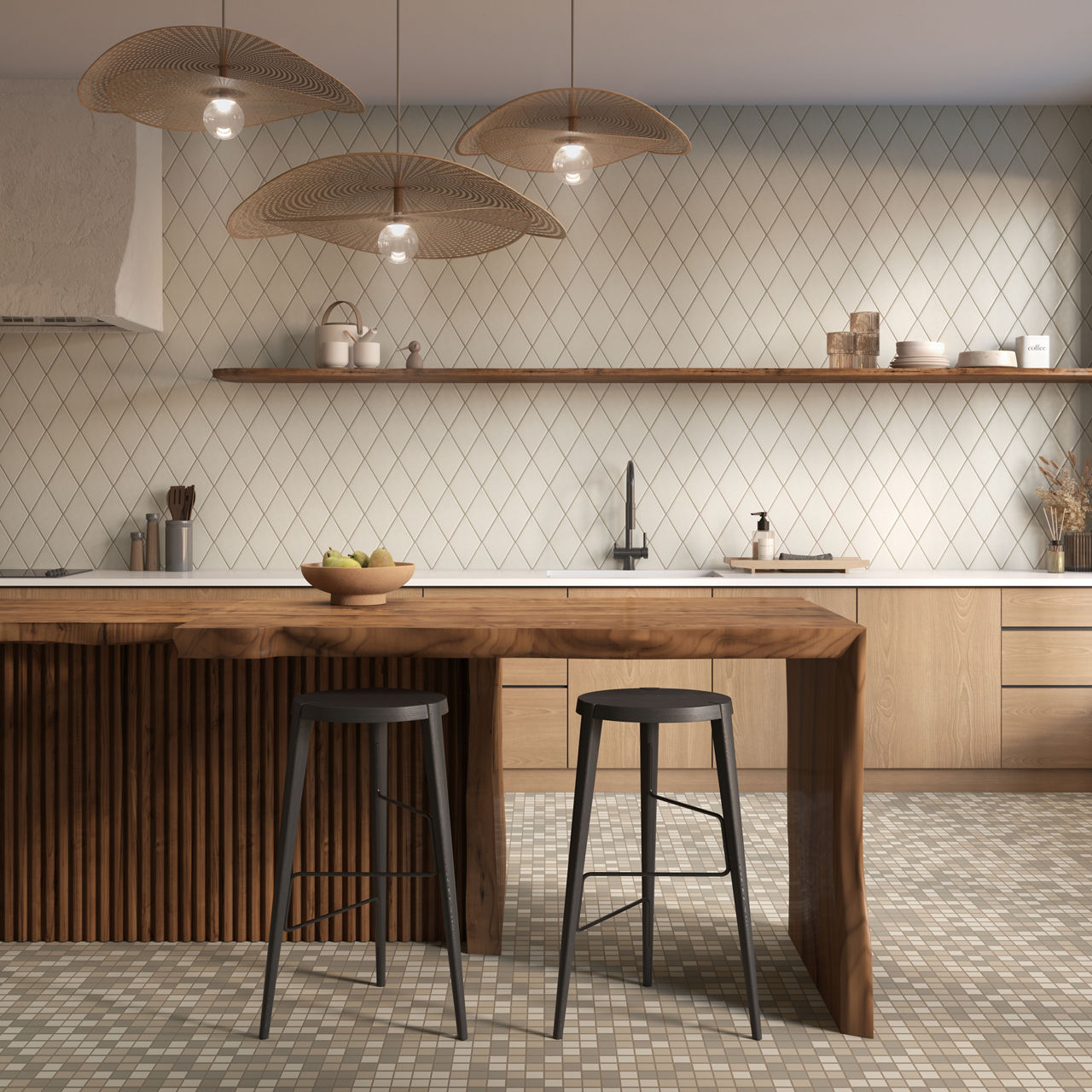 Kitchen with harlequin white mosaic on backsplash, white countertop, beige square mosaic on floor, wood cabinets, and wood center island.