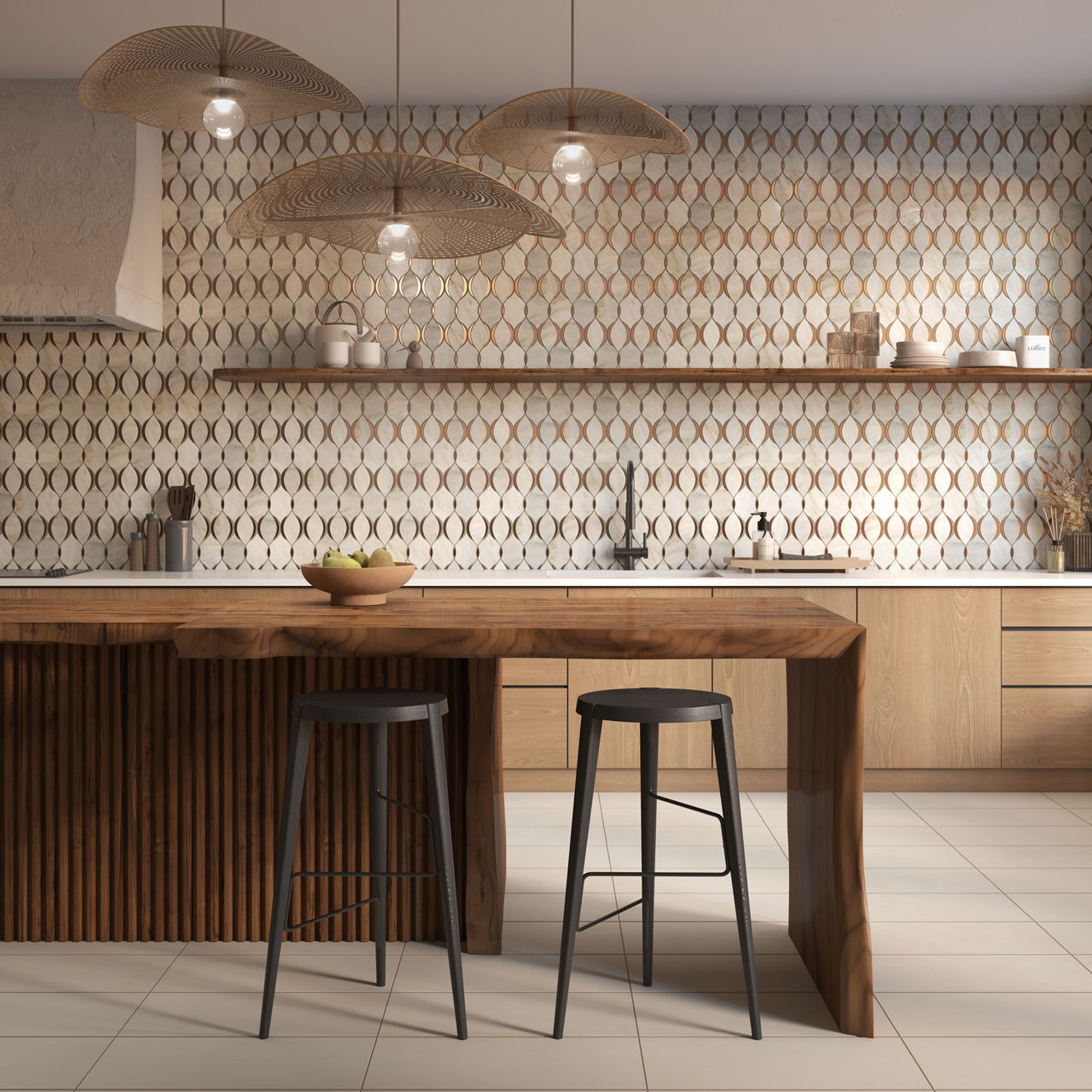 A contemporary kitchen features a large wooden island with two stools and a bowl of apples as the centerpiece.