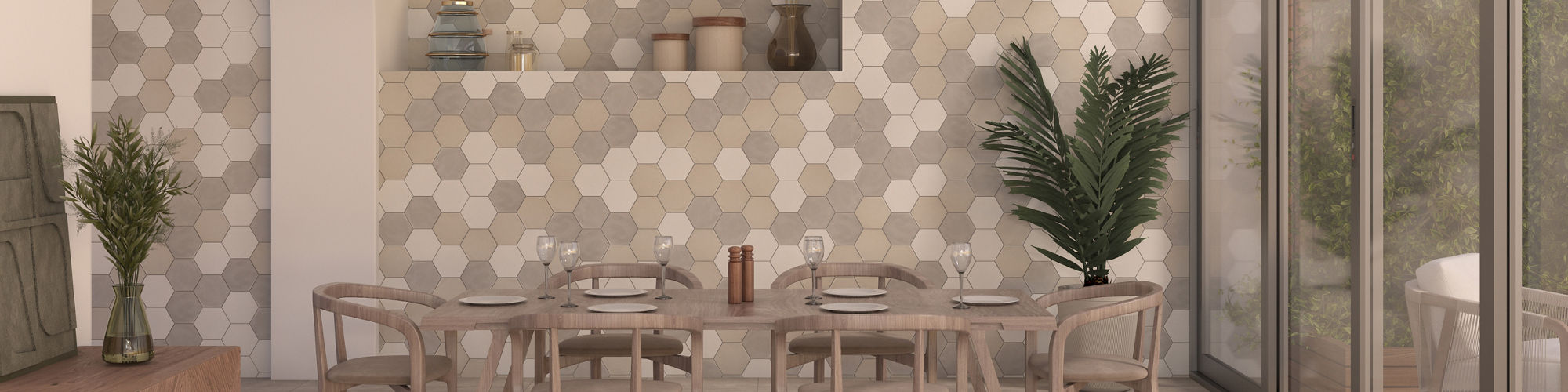 Kitchen with light beige rectangle stone look floor tile, small beige dining table and matching chairs, white wall with arch entry on the side, and beige hexagon wall tile on back wall.