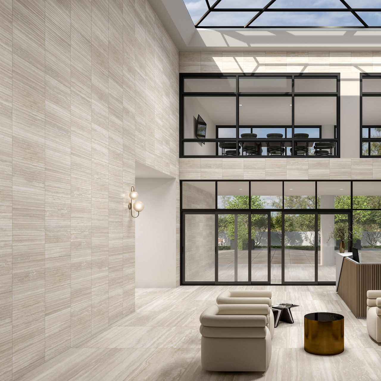 Office space with beige stone look floor tile, beige stone look rectangle tile on walls, beige sitting chairs in lobby, glass windows, and conference room on second floor.