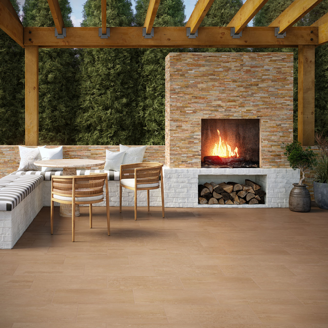 Outdoor fire pit with beige stone on fireplace surround, white rectangle stone on log storage surround, wood look floor tile, and round table with two wicker chairs.