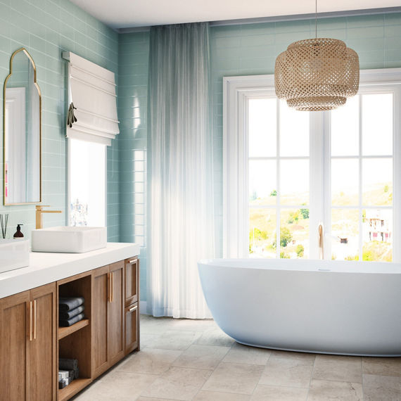Bathroom with light blue rectangle wall tile, wood cabinets, white countertop, white bathtub, and light beige stone look rectangle floor tile.