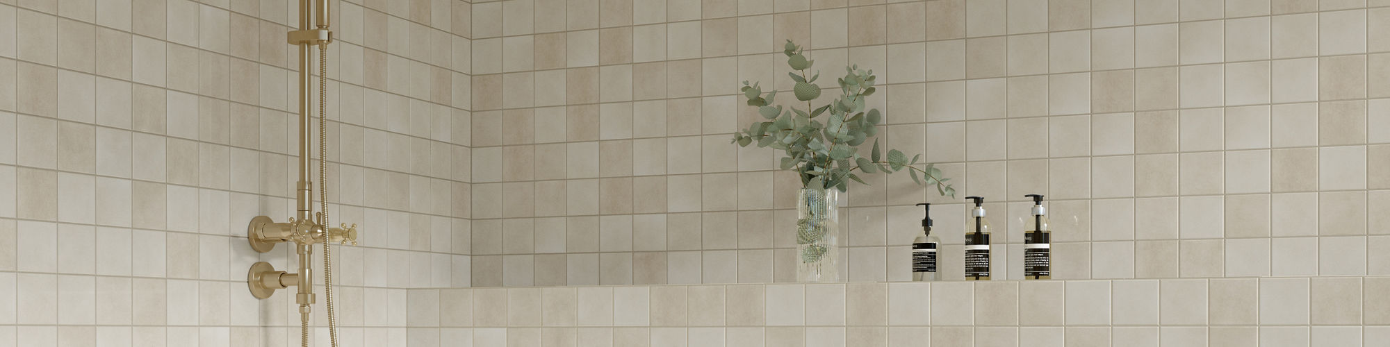 Shower with square beige wall tile on walls.