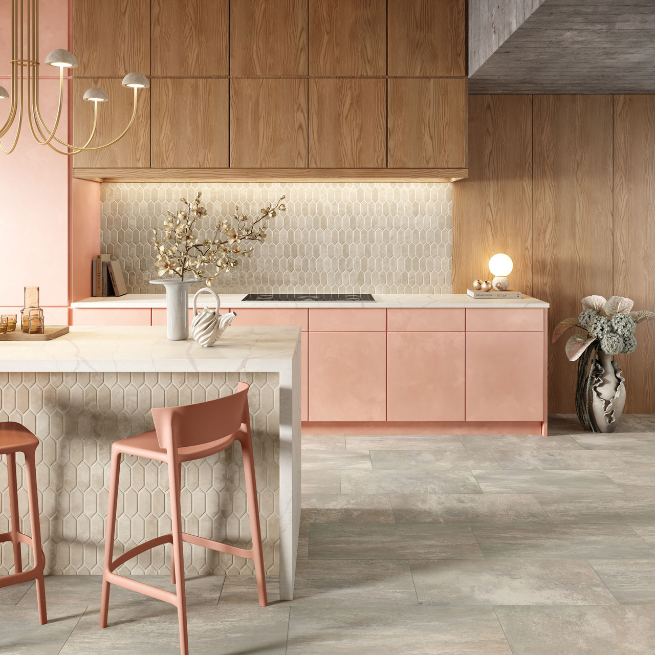 Kitchen with white picket mosaic on backsplash and island, white marble look countertop, white stone loon rectangle floor tile, pink cabinets, and two pink chairs at island.