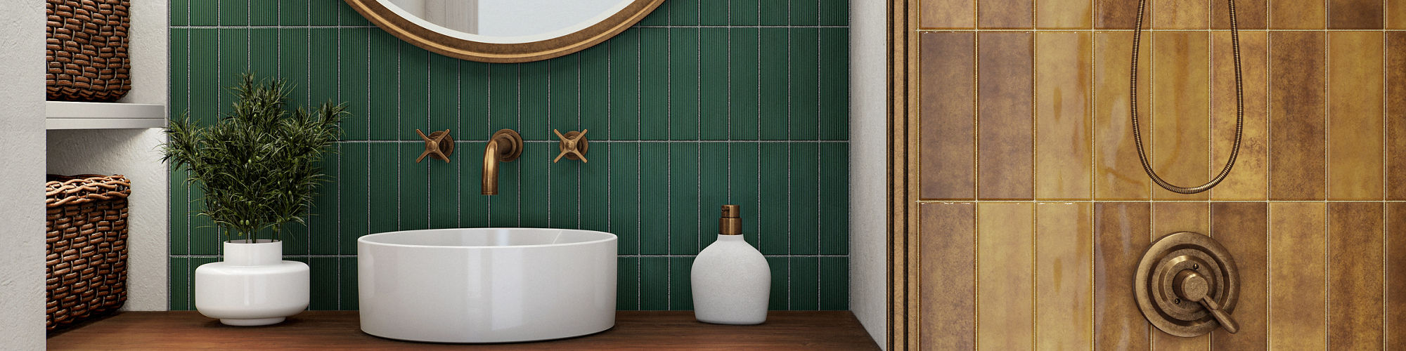 Bathroom with green rectangle tile on back wall, yellow subway tile on shower wall, yellow hexagon mosaic tile on shower floor, wood look rectangle floor tile, wood counter, white sink, and gold accents.