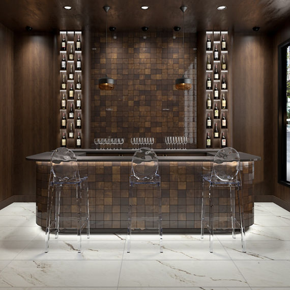 Bar with clear bar chairs, dark wood walls, and square brown wall tile on back and back wall.